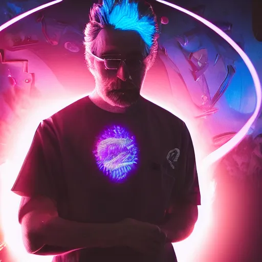 Image similar to portrait of rick sanchez, lab coat and tee shirt, lens flare, atmosphere, glow, detailed, intricate, full of colour, cinematic lighting, 4 k, hyperrealistic, focused, extreme details, cinematic, masterpiece