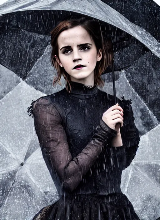 Prompt: Emma Watson for Victorian Secret, perfect face, hot summertime goth in the rain, full length shot, XF IQ4, 150MP, 50mm, f/1.4, ISO 200, 1/160s, natural light, Adobe Photoshop, Adobe Lightroom, DxO Photolab, Corel PaintShop Pro, rule of thirds, symmetrical balance, depth layering, polarizing filter, Sense of Depth, AI enhanced