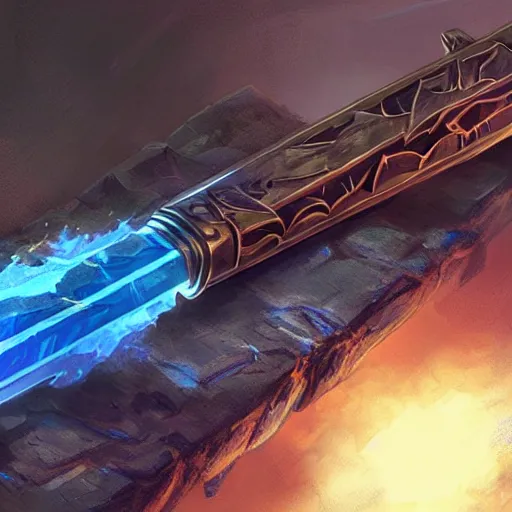 Prompt: fantasy greatsword glowing with blue magical power displayed in a case, art by greg rutkowski