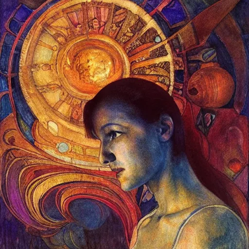 Image similar to the android in her iron crown after the storm, by Annie Swynnerton and Diego Rivera, symbolist, dramatic lighting, elaborate geometric ornament, Art Brut ,god rays, soft cool colors,smooth, sharp focus, extremely detailed, Adolf Wölfli