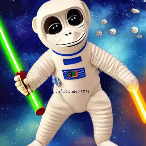 Image similar to a 3 d baby monkey wearing an cosmonaut outfit with a lightsaber, space, star wars, details