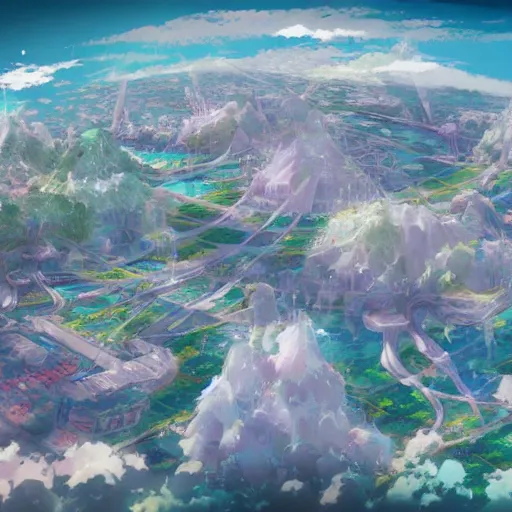 Prompt: anime portrait of ethereal floating island cities, wide shot, solarpunk, trending on artstation, studio ghibli