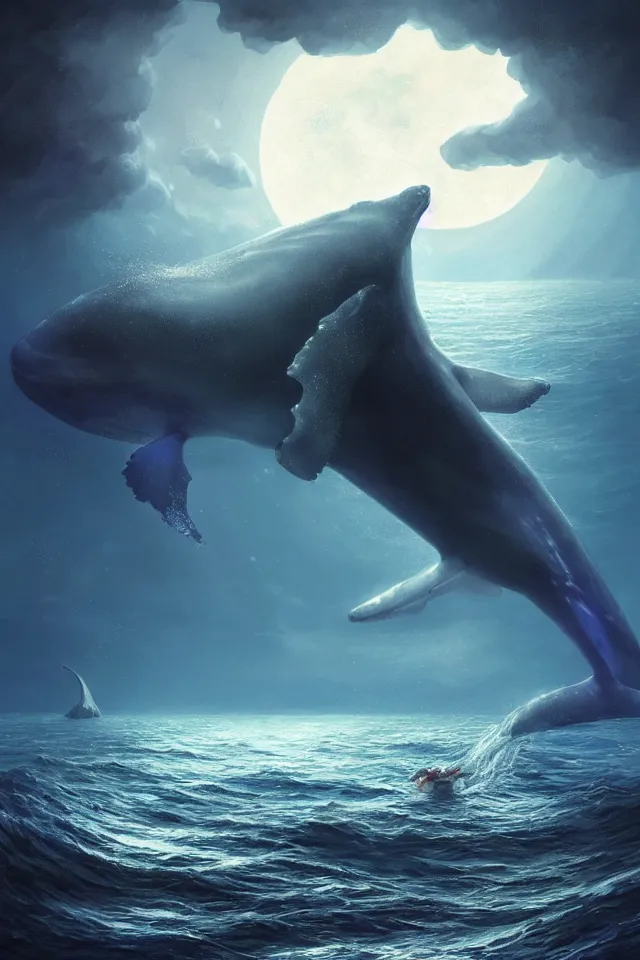 Image similar to a crystal whale peeking out of the blue sea, a full moon illuminating the sea in the dark night, the stars shining, a dreamy crystal atmosphere ， super wide angle ， matte painting ， rtx on ， by jordan grimmer and john pitre ， trending on cgsociety and artstation, volumetric light ， surreal