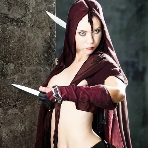 Prompt: full shot photo of a a beautiful female assassin with daggers