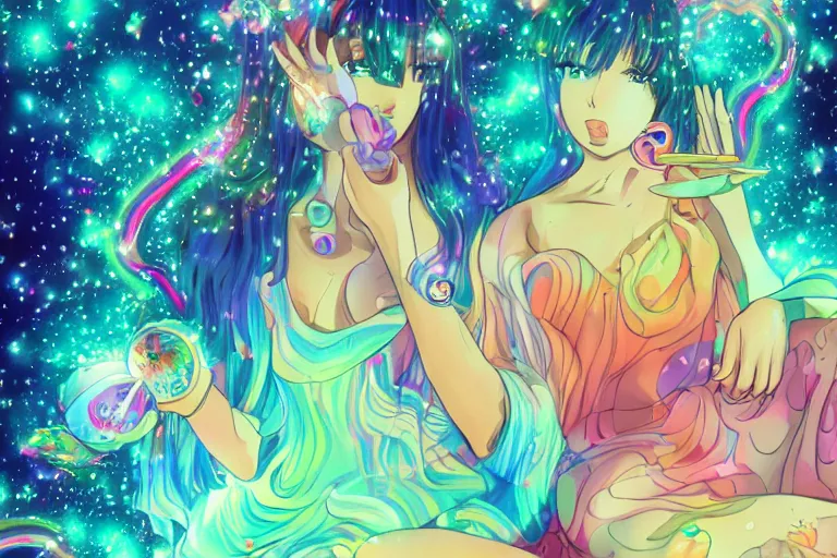 Image similar to psychedelic, whimsical, anime, 4k, beautiful lusty woman smoking a bong, with professional makeup, long trippy hair, a crystal and flower dress, sitting on a reflective pool, surrounded by gems, underneath the stars, rainbow fireflies, trending on patreon, deviantart, twitter, artstation, volumetric lighting, heavy contrast, art style of Ross Tran and Miho Hirano and Ilya Kuvshinov