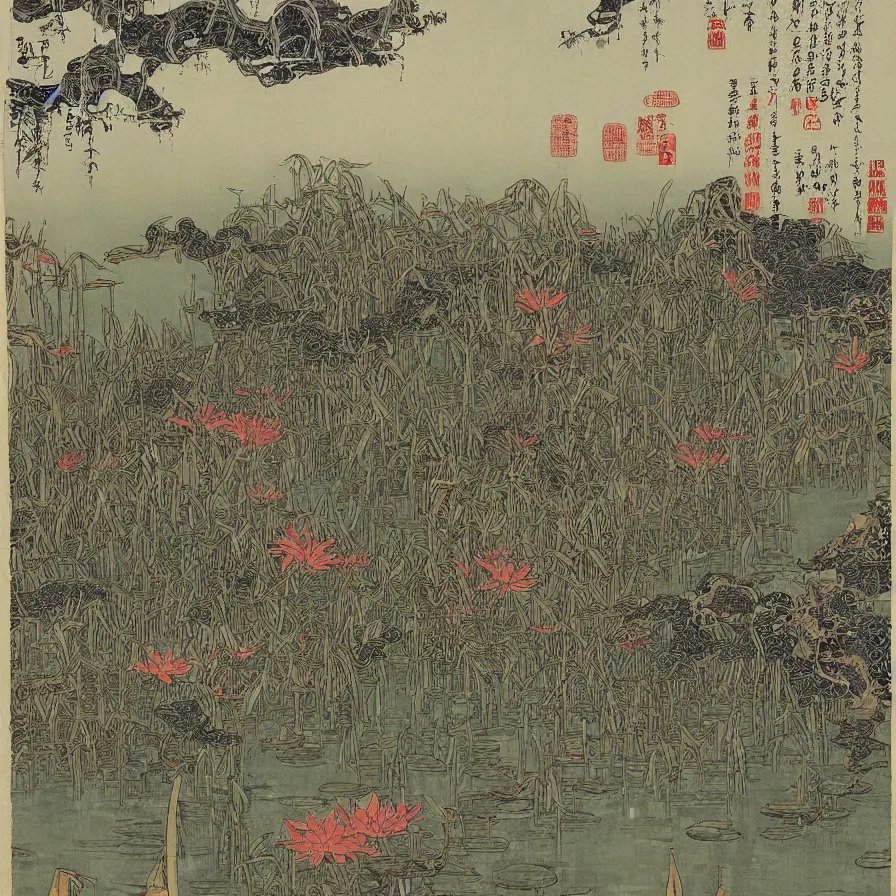 Image similar to Artwork illustrating a swamp with many withered lotus plants on the West Lake with pagodas in the background during the Tang Dynasty.