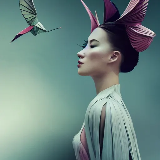 Prompt: 3 / 4 view of a beautiful girl wearing an origami dress, eye - level medium shot, hummingbirds, elegant, by eiko ishioka, givenchy, by peter mohrbacher, centered, fresh colors, origami, fashion, detailed illustration, vogue, high depth of field, japanese, reallusion character creator