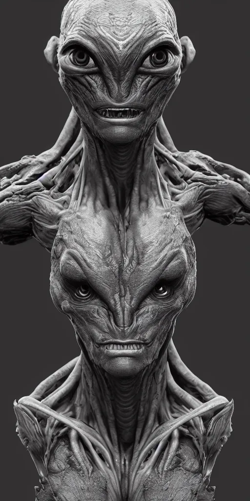 Image similar to a photo realistic portrait of an alien with highly detailed features wearing nano tech armor, dramatic rim lighting, concept art, sculpted in Zbrush, rendered in Octane, artstation