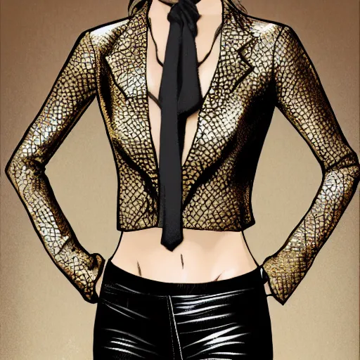 Image similar to yakuza slim girl, gold suit jacket in snake print, jacket over bare torso, yakuza tattoo on body, black short curtain haircut, black leather pants with black belt, elegant, 2d, ultra highly detailed, digital painting, smooth, sharp focus, artstation, art by Ilya Kuvshinov