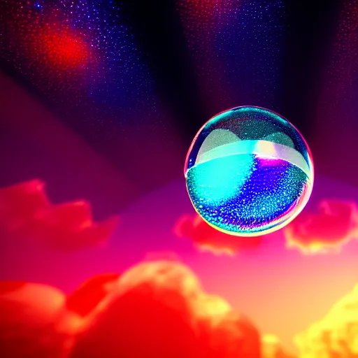 Prompt: iridescent glass bubble in space full of stars and vibrant clouds, volumetric light, octane render, glass shader