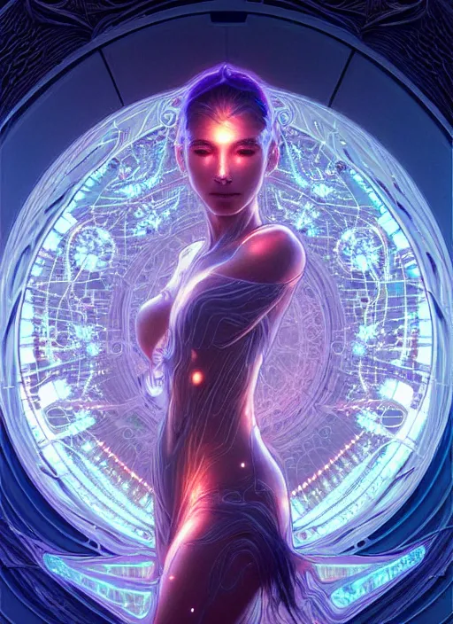 Image similar to fractals!! water, hybrids, tech wear!!!, scifi, glowing lights!! intricate elegant, highly detailed, digital photograph, artstation, concept art, smooth, sharp focus, thin glowing wires, illustration, art by artgerm and greg rutkowski and alphonse mucha, singularity!!!