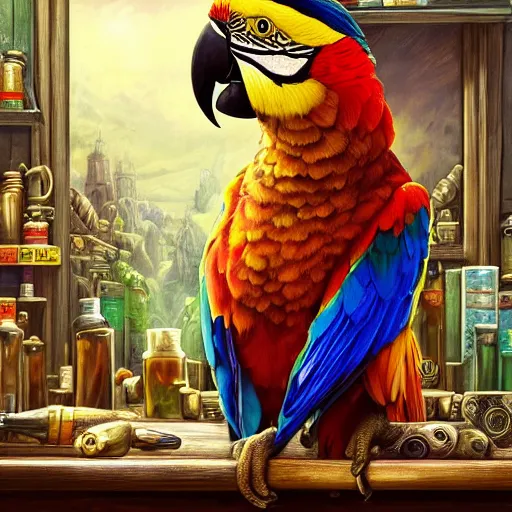 Prompt: Anthropomorphized parrot trader in his shop, selling his wares, portrait, items, gold, magic potions, carpet, window, sly expression , cunning expression, cute expression, long thick shiny gold beak, presenting wares, D&D, fantasy, cinematic lighting, highly detailed, digital painting, artstation, concept art, smooth, sharp focus, illustration, warm light, cozy warm tint, magic the gathering artwork, volumetric lighting, 8k, art by Akihiko Yoshida, Greg Rutkowski