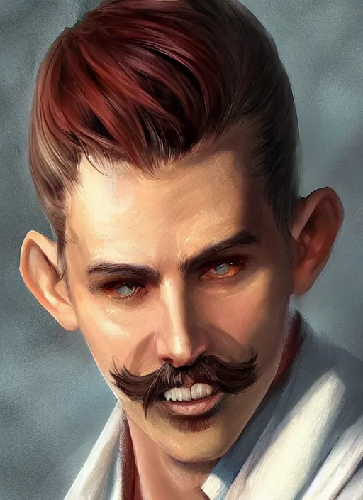 Image similar to young man with short white combover hair and moustache, dndbeyond, bright, colourful, realistic, dnd character portrait, full body, pathfinder, pinterest, art by ralph horsley, dnd, rpg, lotr game design fanart by concept art, behance hd, artstation, deviantart, hdr render in unreal engine 5