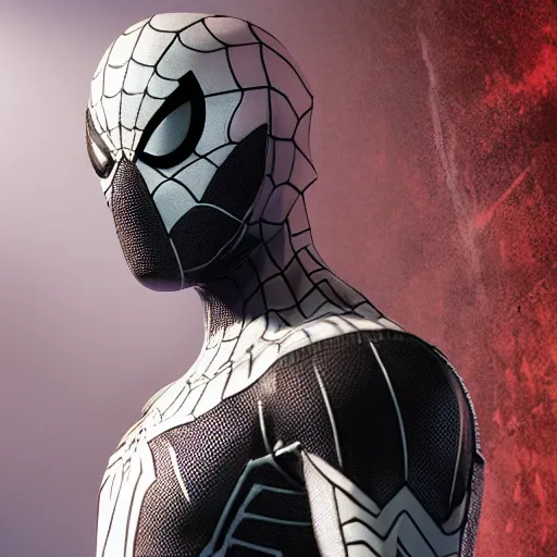 Image similar to black spider - man suit with white web lining, cinematic, volumetric lighting, realistic, hyperdetailed, photorealistic, photograph