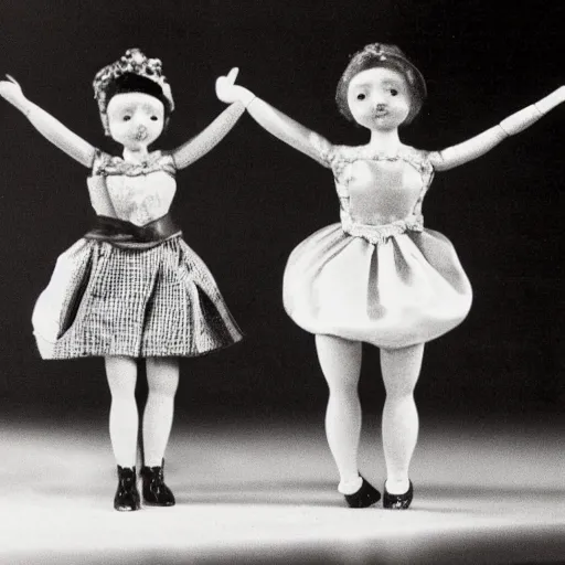 Prompt: A photograph of Else and Anna dancing as miniature dolls, movie still