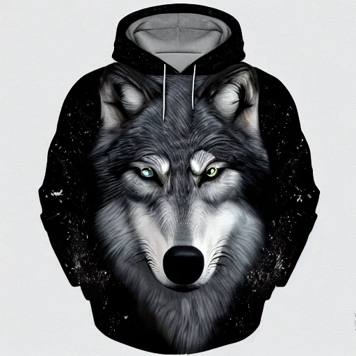 Prompt: Wolf dressing black hoodie, artstation, hyperdetailed, cgsociety,8k,