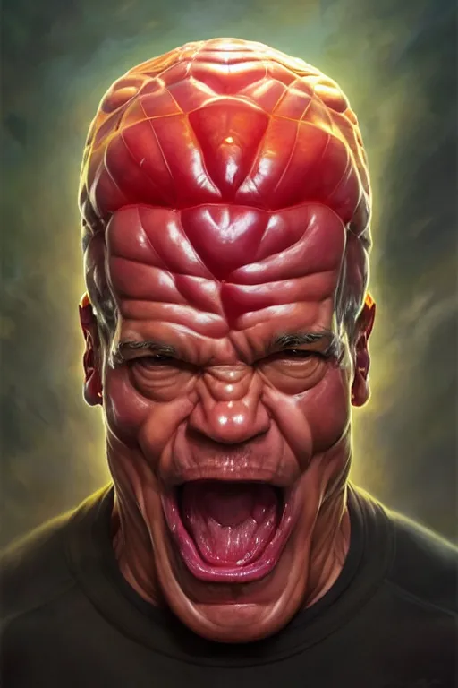 Image similar to a square watermelon arnold schwarzenegger face, hyper detailed, digital art, artstation, cinematic lighting, studio quality, smooth render, by peter mohrbacher, hajime sorayama, wayne barlowe, boris vallejo, aaron horkey, gaston bussiere, craig mullins