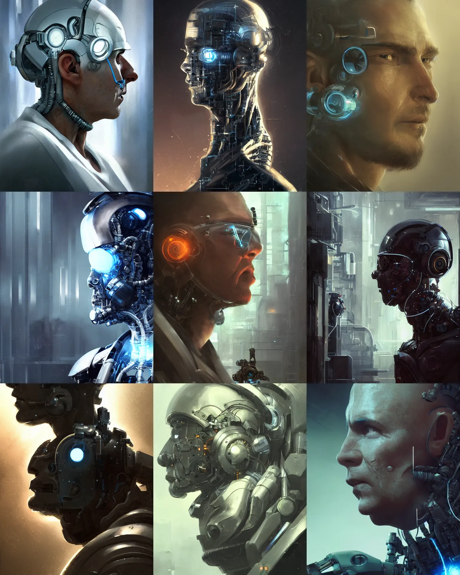 Prompt: a laboratory operator man with cybernetic enhancements seen from a distance, 1 / 2 headshot, scifi character portrait by greg rutkowski, craig mullins, daytoner, clear face, cinematic lighting, dystopian scifi gear, profile picture, mechanical, cyborg, half robot