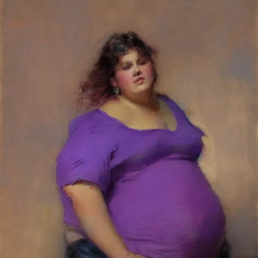 Prompt: a woman in a purple shirt with a fat body type, painting by Gaston Bussiere, Craig Mullins