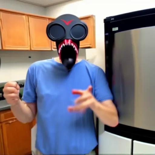 Image similar to photo still from a vlog, a scientist wearing a velociraptor mask, complaining about his samsung refrigerator
