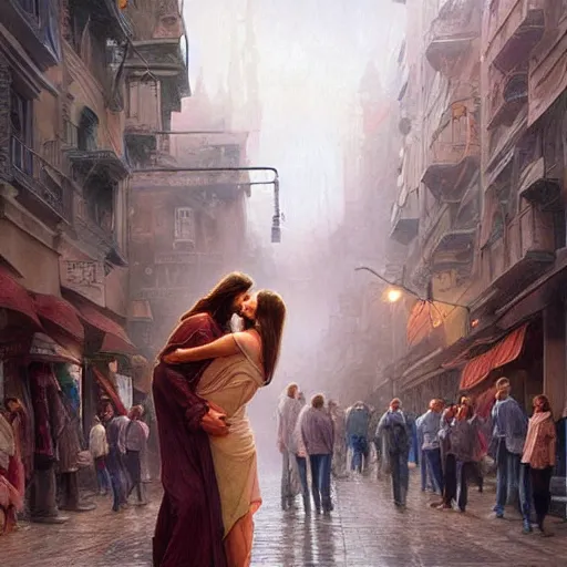 Image similar to jesus kissing a woman in a street, elegant, highly detailed, digital painting, artstation, concept art, matte, sharp focus, highly detailed, 4 k, hdr, smooth, sharp focus, high resolution, award - winning photo, photorealistic, art by artgerm and greg rutkowski and alphonse mucha, large shot