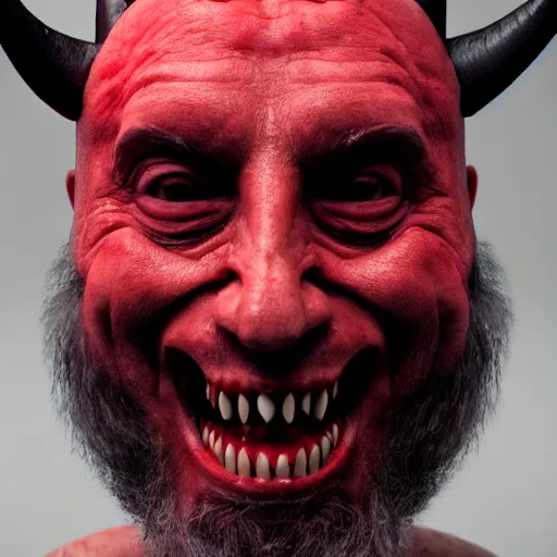 Image similar to A portrait of a Rabbi that is the devil with horns looking at the camera in anger, satan, red skin, dark, ominous, haunting, sinister, close-up, studio lighting, realism, 8k, 3D render, octane 3D, maya, cinema 4D, Blender, red lighting, scary, horror, dark,