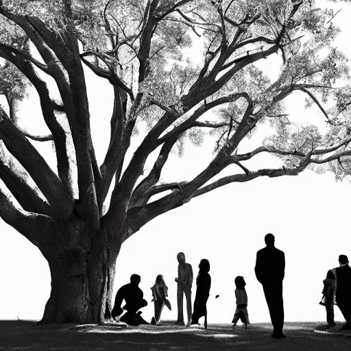 Image similar to a group of people in a park staring up at a gigantic tree, professional monochromatic artwork