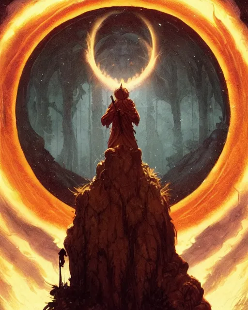 Image similar to a druid standing in a circle at the beginning of the world by greg rutkowski and frank frazetta and peter mohrbacher and william blake and dan mumford