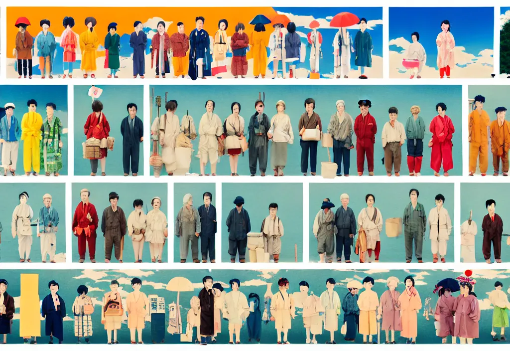 Prompt: full frame, a row of a few european tourists standing with a variety of poses and props, [ several ] character designs, ( rural japan ) a collage painting, in the style of wes anderson, lola dupre, david hockney, [ isolated on negative white space background ] dark monochrome neon spraypaint accents volumetric octane render