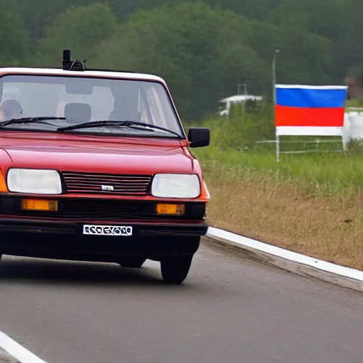 Prompt: Vladimir Putin is driving a VAZ 2106 car, high definition photo