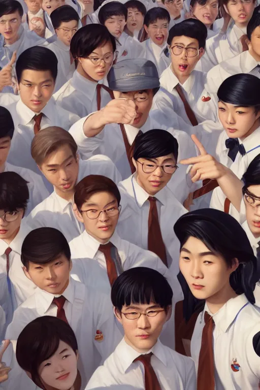 Image similar to top angle shot, wide lens of group of young asian student with white uniform pointing to the camera, octane render, photorealism, masterpiece painted by jc leyendecker, 8 k, high detail, fantasy art, dnd, artstation,