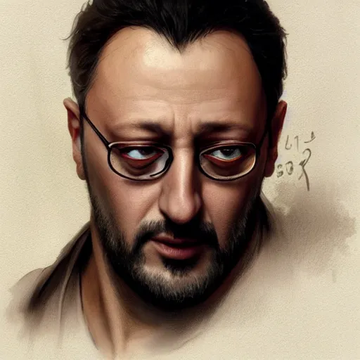 Image similar to Jean Reno, portrait, headshot, D&D, fantasy, highly detailed, digital painting, artstation, concept art, sharp focus, illustration, art by artgerm and greg rutkowski and alphonse mucha