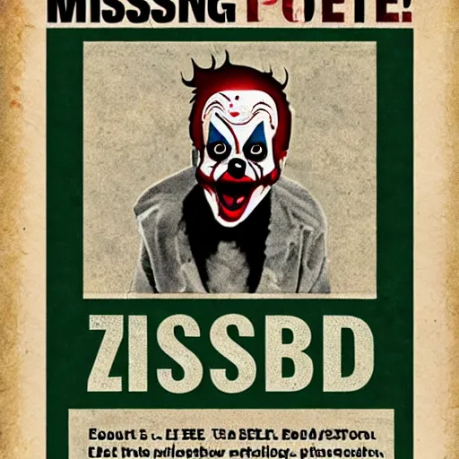 Prompt: missing poster of a zombie clown