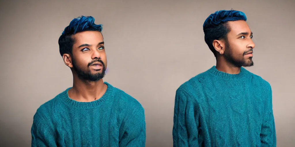 Image similar to Male, Male, Male, Male, Male, short hair, blue hair, dark skin, teal sweater, wavy hair, photograph, hd,