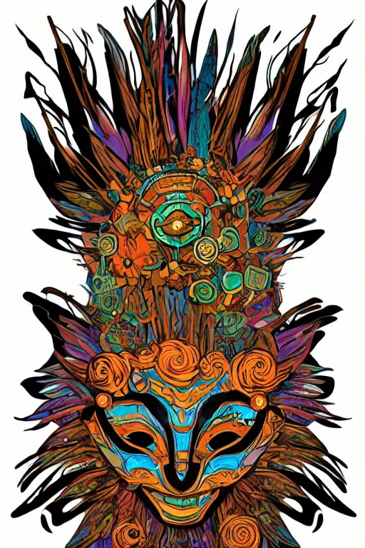 Image similar to animal mask totem roots flower tribal feather gemstone plant wood rock shaman vodoo video game vector cutout illustration vivid multicolor borderlands comics by josan gonzales and dan mumford radiating a glowing aura