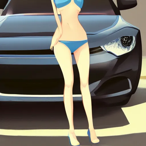 Image similar to very very very beautiful asian woman standing in front of car, bare midriff, one foot raised off the ground, full body portrait, eye contact, smiling, realistic face, perfect body, drawn by WLOP