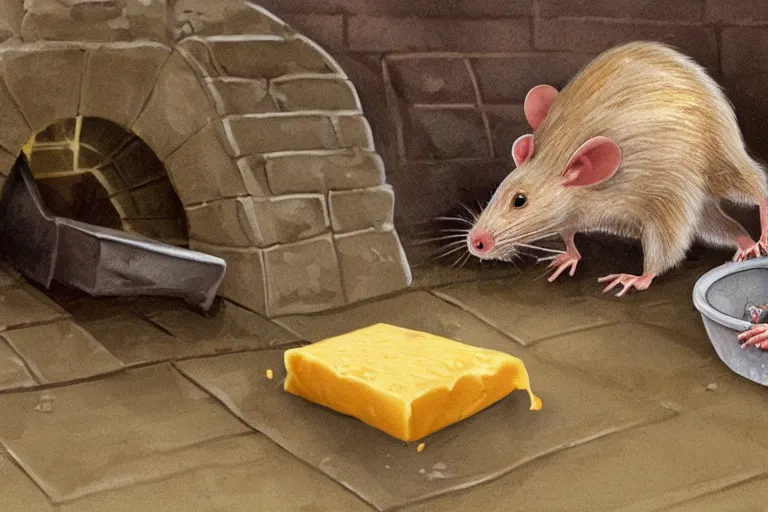 Image similar to a giant creepy rat eating cheese in a sewer, photo - realistic, hyper realism,