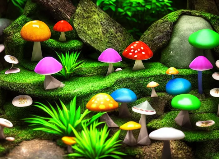 Prompt: low poly total of a porcelain garden las pozas, wide angle shot, soft focus, global illumination, radiant light, colorful aquatic plants, colorful mushrooms, puffballs, rhizomorphs, octane highly render, 4 k, ultra hd,