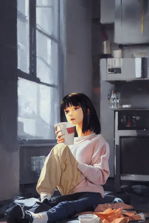 Image similar to A ultradetailed beautiful panting of a stylish girl sitting on the floor of a messy apartment, she is wearing an oversized Nike jacket, she is holding a Styrofoam cup, Oil painting, by Ilya Kuvshinov, Greg Rutkowski and Makoto Shinkai