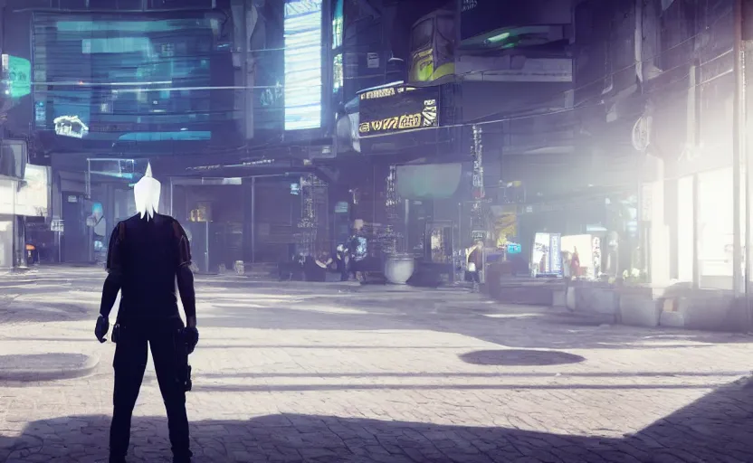 Image similar to anonymous guard with blond hair seen from the back cyberpunk, crowd in front of building detailed, cinematic light, cinematic epic, unreal engine 4 k, 8 k, detailed, ultra realistic, anime