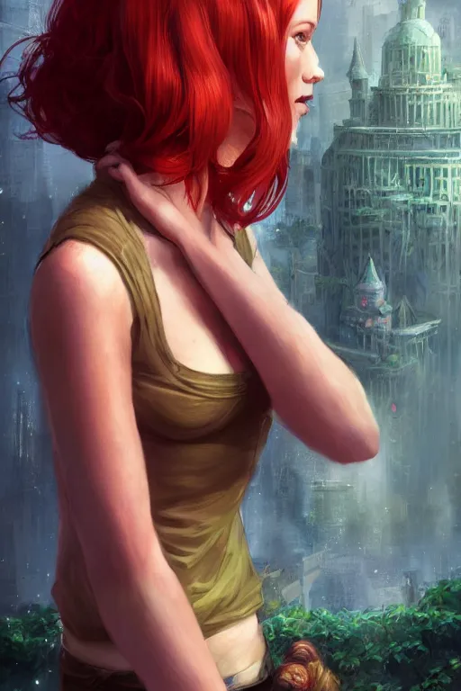 Image similar to beautiful cute red haired joyful and playful nineteen year old maiden standing up in casual green clothing, long hair, modern city, rpg character, sci - fi, fantasy, intricate, elegant, digital painting, artstation, concept art, smooth, 8 k frostbite 3 engine, ultra detailed, art by artgerm and greg rutkowski and magali villeneuve