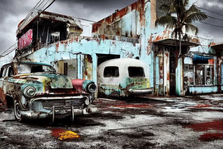 Image similar to low wide angle shot of dilapidated fallout 5 miami, tropical coastal city, desolate, dilapidated neon signs, few rusted retro futuristic vintage parked vehicles like cars, buses, trucks, trams, volumetric lighting, photorealistic, foggy, rain daytime, autumn, overcast weather, sharp focus, ultra detailed, 4 0 0 0 k