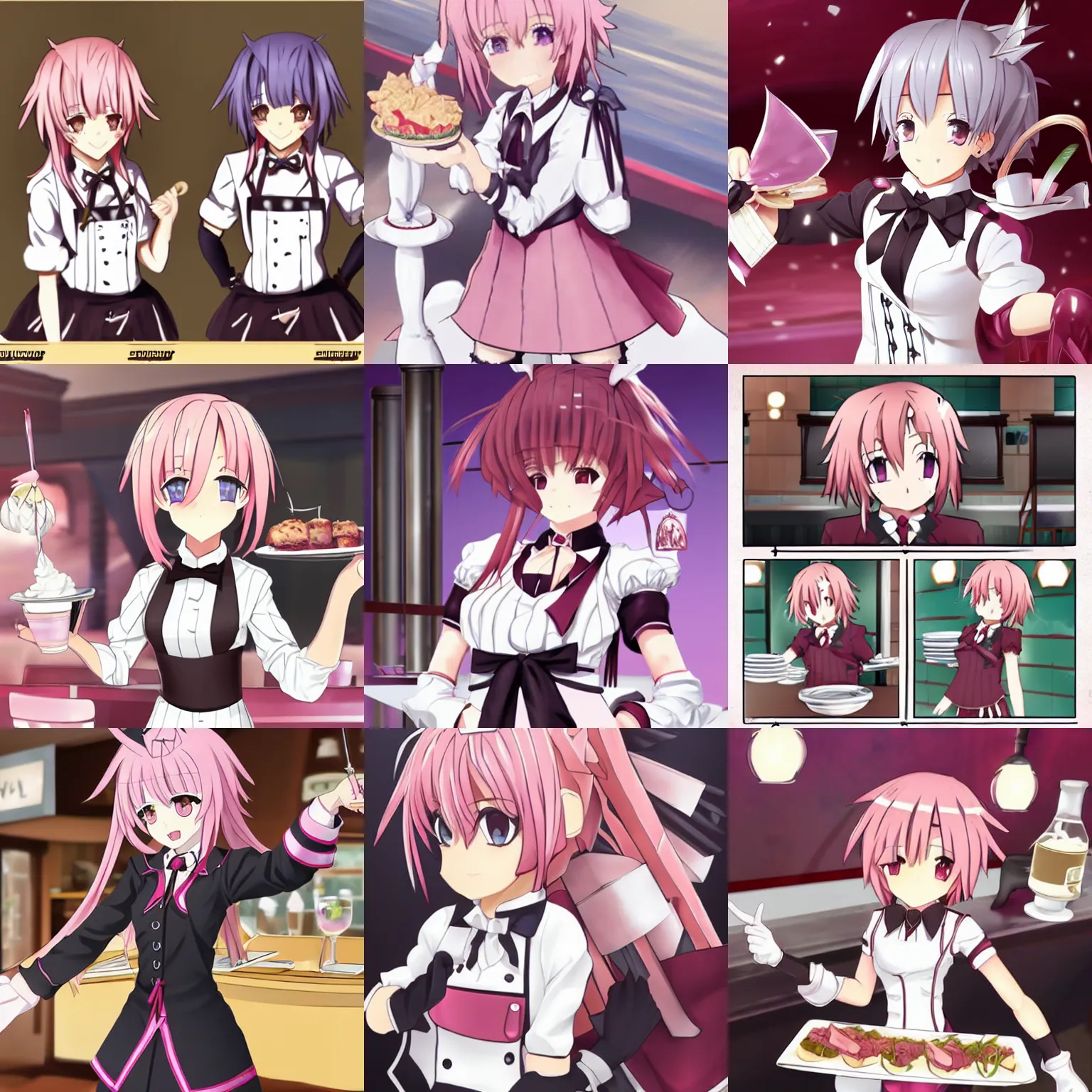 Prompt: Astolfo from Fate working as a waiter and serving a family at Femboy Denny's restaurant