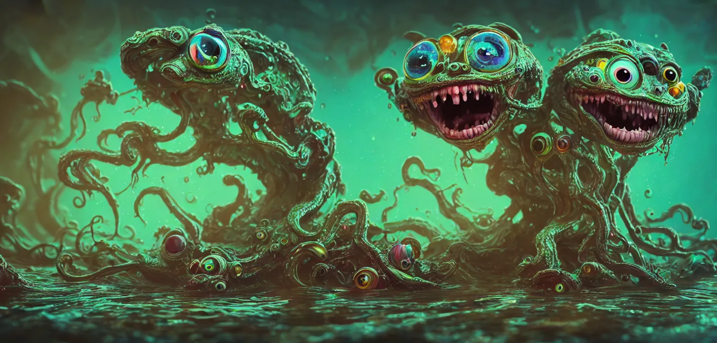 Prompt: intricate colourful murky with strange cute friendly angry crazy alien creatures with huge eyes long tongue triangle teeth and scary face appearing from the water, in the style of craola, macro lens, shallow depth of field, highly detailed, digital painting, trending artstation, concept art, illustration, cinematic lighting, vibrant colors, photorealism, epic, octane render