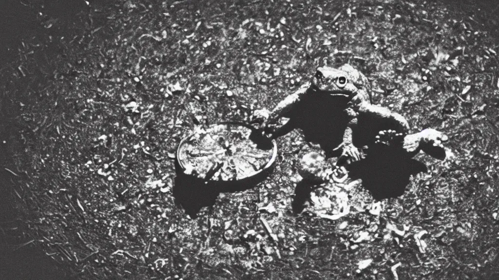 Prompt: a toad with sharp teeth grinning maniacally, a satanic ritual with candles and a pentagram, movie screenshot directed by Roman Polanski. Shot from a high angle. Cinematic. 24mm lens, 35mm film, Fujifilm Reala, f8