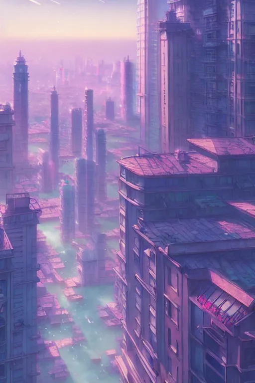 Image similar to vaporwave city, exquisite details, denoised, mid view, by artsation, greg rutkowski, makoto shinkai, takashi takeuchi, studio ghibli