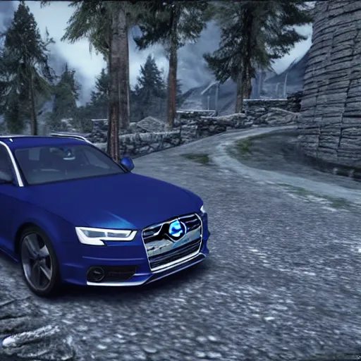 Image similar to a dragon fighting against a denim blue audi a 4 b 6 avant in whiterun, skyrim gameplay footage