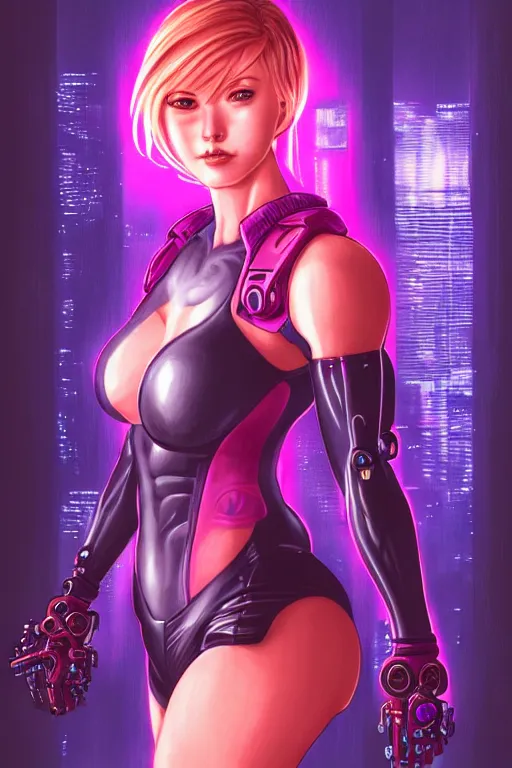 Image similar to 3 / 4 portrait of samus aran, kowloon cyberpunk cityscape, biomechanical oppai, rain, purple and pink and black neon lighting, by artgerm and clay mann and sorayama and alphonse mucha, trending on artstation