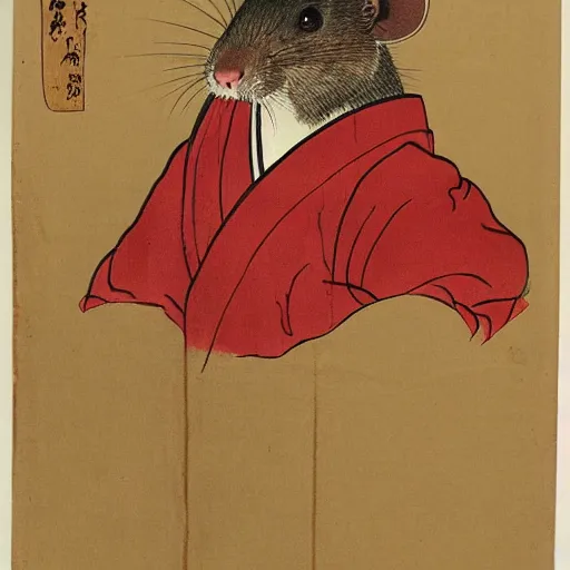 Prompt: a portrait of a brown rat in red japanese kimono in the style of Rembrandt