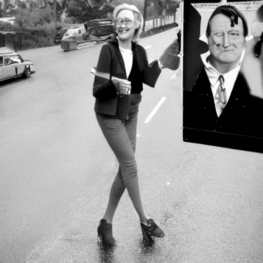 Prompt: meryl streep on a road sign